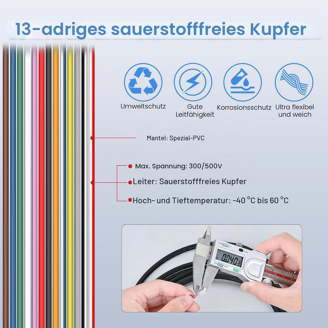 13 Adriges 0,5mm² 5 Meter Fahrzeugkabel – Mehradriges Anhängerkabel, Runder Erdleiter, Schwarz, für
