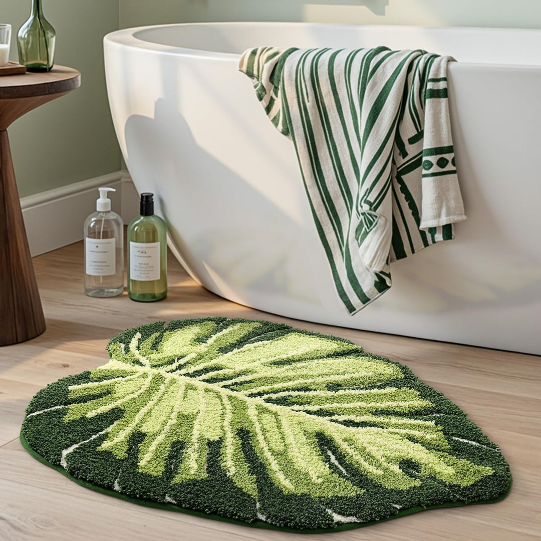DEXI Badezimmerteppich 80 x 120 cm, Badematte rutschfest Absorbierende mit Monstera Pflanzenmuster,