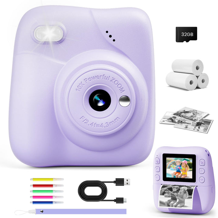 CAMCLID Kinderkamera Sofortbildkamera, 1080P Sofortbildkamera Kinder mit 32GB Karte & 3 Rollen Druck