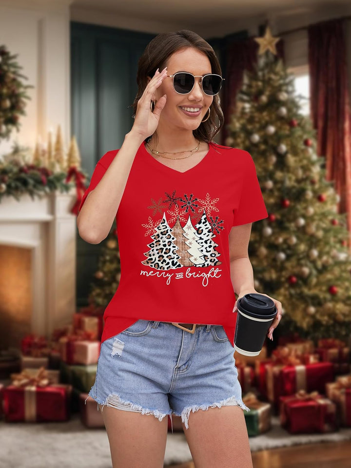 hohololo Weihnachts Tshirt Damen Christmas Shirt Merry Christmas V-Ausschnitt-T-Shirt Rot1 M, Rot1 M