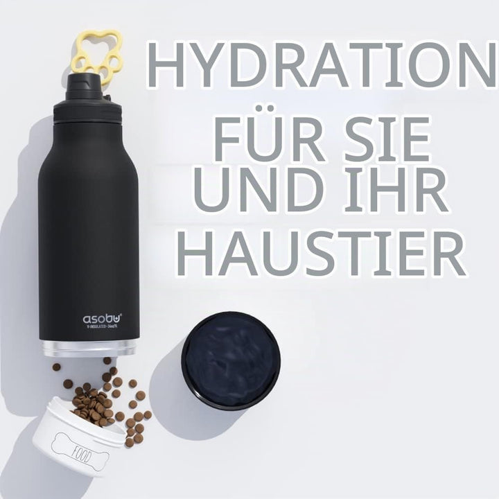 ASOBU - Dog Bowl Buddy - Edelstahlflasche mit 2 Näpfen Schwarz Schwarz., Schwarz.