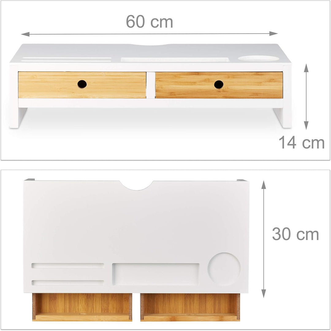 Relaxdays Monitorständer Bambus, Bildschirmerhöhung mit 2 Schubladen & Fächern, Lapdesk HBT 14 x 60