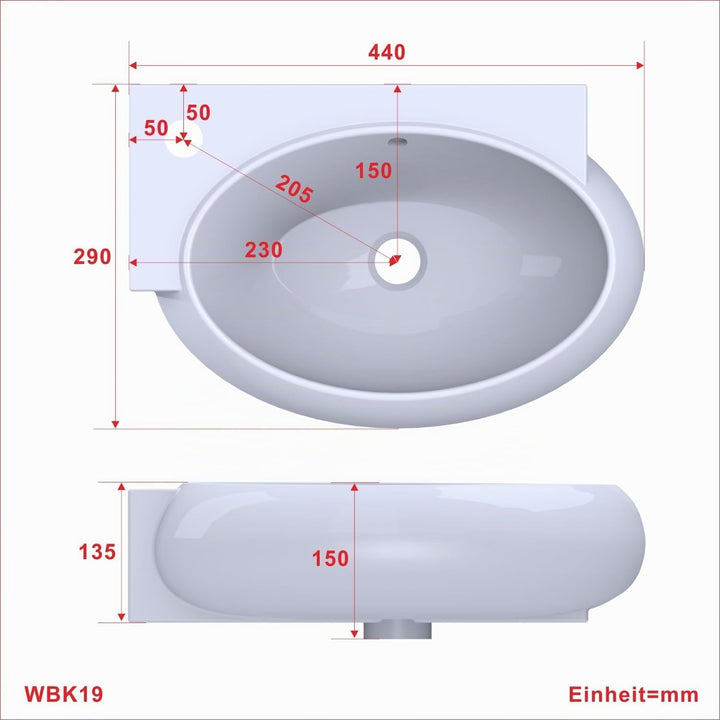 Waschbecken Keramik Waschtisch Hängewaschbecken klein Handwaschbecken Weiss Eckig-Oval 44 x 29 cm Ba