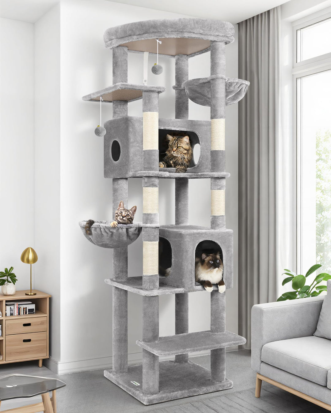 Globlazer Kratzbaum Grosse hoch 188 cm mit 2 Grosser Katzenhaus, Gepolsterte Plattform, 2 Katzenkorb