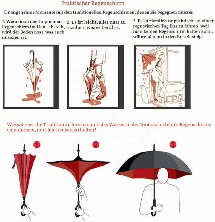 Umdrehbarer Regenschirm mit 2 Flächen, C-förmiger Griff, rückseitig faltbarer Regenschirm, Anti-UV,