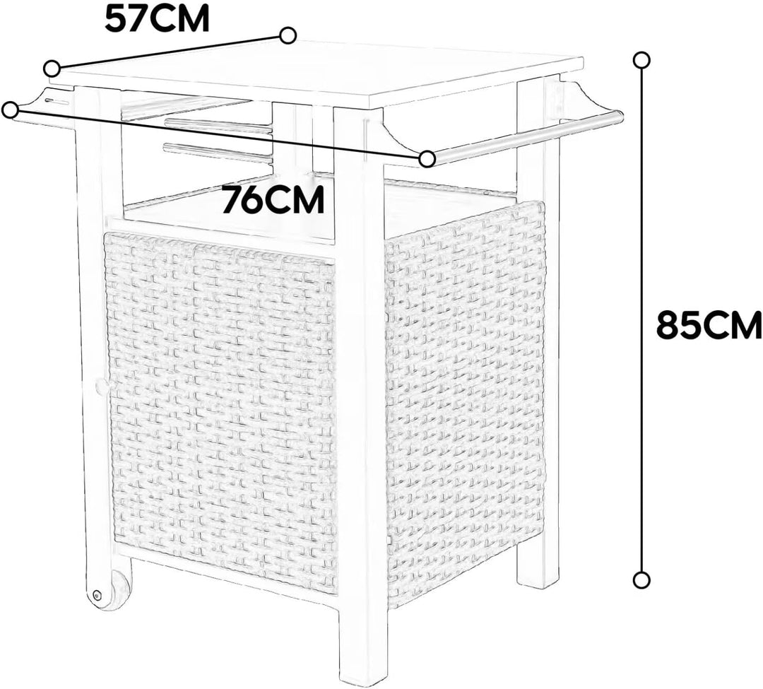Rollbarer Rattan-Servierwagen mit ausziehbarer Edelstahl-Tischplatte, Kücheninsel für Outdoor mit Sc