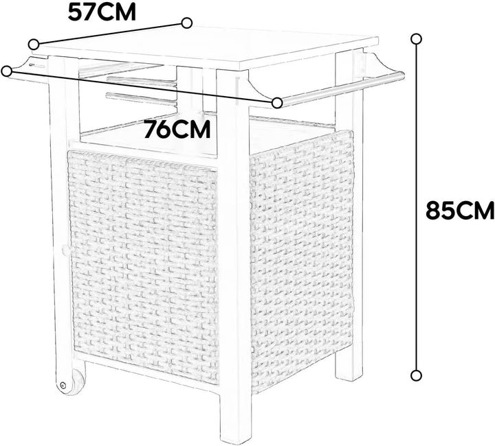 Rollbarer Rattan-Servierwagen mit ausziehbarer Edelstahl-Tischplatte, Kücheninsel für Outdoor mit Sc