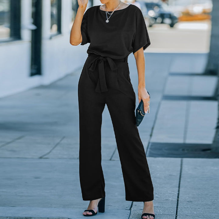 Damen Lang Jumpsuit Overall Hosenanzug Elegant Romper Kurzarm Rundhals Playsuit mit Gürtel Hosenanzu