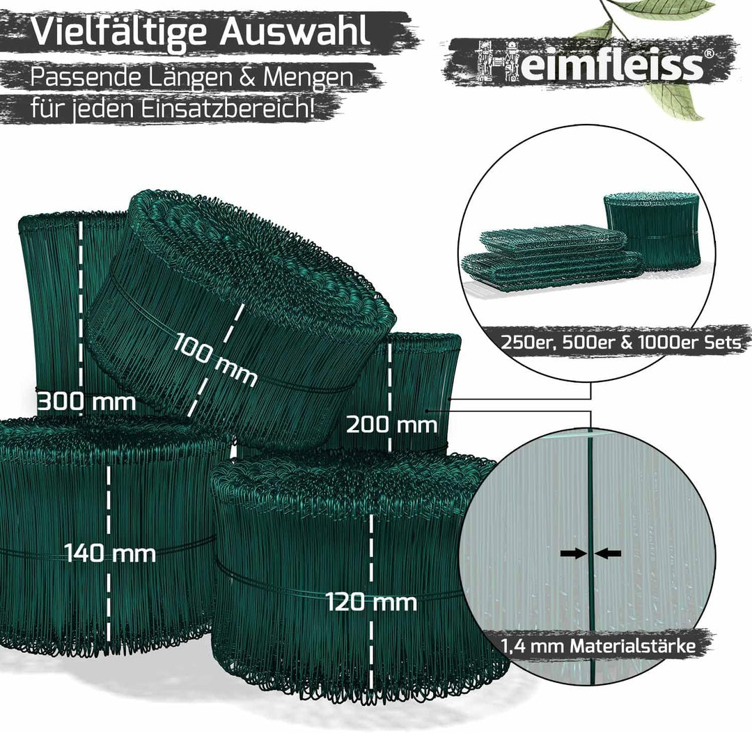 Heimfleiss® Rödeldraht Bindedraht ummantelt in grün 1,4 x 100 bis 300 mm (1000 Stk.) - rostfreier &
