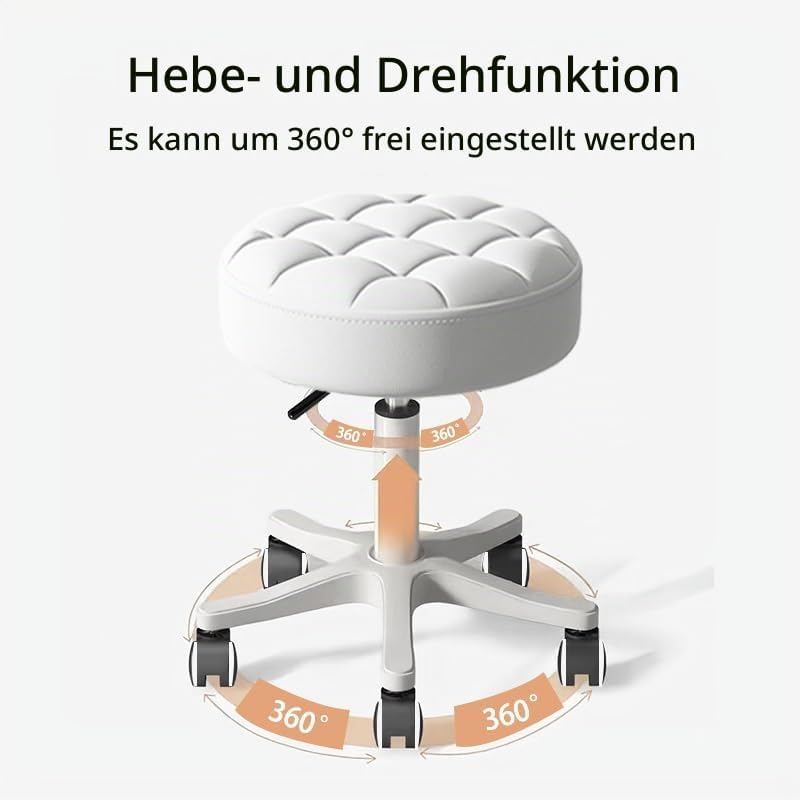 Kleiner Hocker – Runder Rollhocker mit Rädern – Höhenverstellbarer Drehschemel aus PU-Leder – Arbeit
