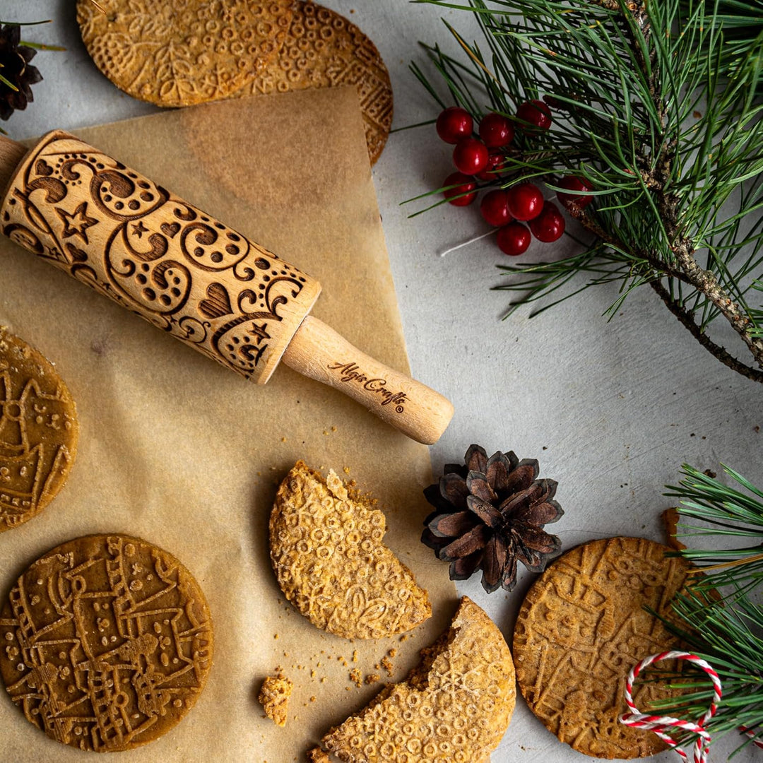 Kinder Nudelholz mit Muster WEIHNACHTSFEST Backen 3-er SET - Teigroller Holz für DIY Weihnachten Plä