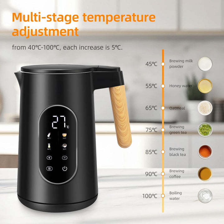 Carehabi Wasserkocher mit Temperatureinstellung 1.7 Liter Wasserkocher Edelstahl Schwarz 40°C-100°C