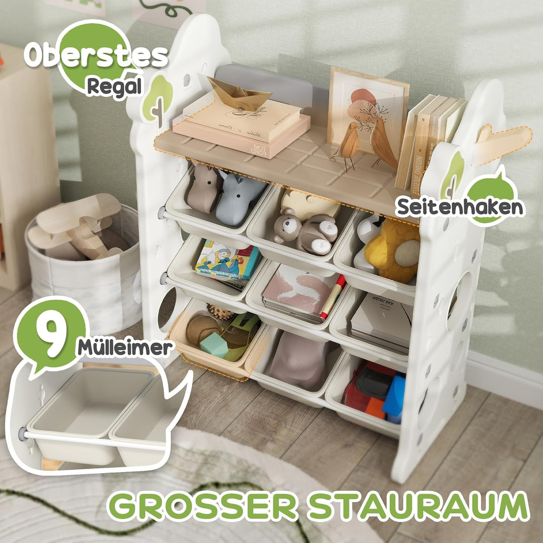 AIYAPLAY Kinderregal 4-Stufiges Spielzeugregal mit 9 Herausnehmbaren Boxen, Ablage, Haken, Kinderzim