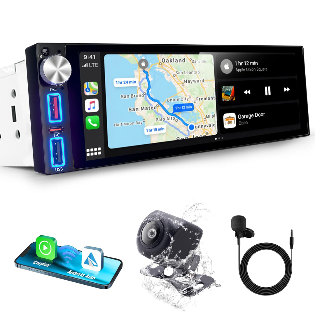 DAB/DAB+ 6,8 Zoll 1 DIN HD Autoradio mit Drahtlosem CarPlay &amp; Android Auto, Type-C Schnellladung, DS