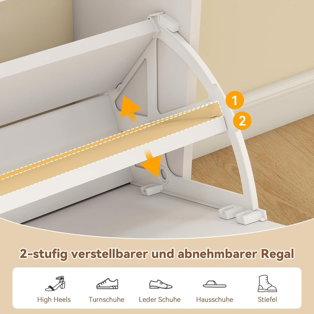 YOURLITE Schuhschrank Schmal, Schuhkipper mit 2 Klappen und 2 Schubladen, Weiss Schuhregal, Trennwan