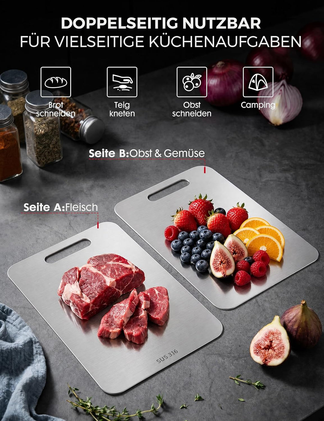 Titan Schneidebrett Set 3 Stück - S316 Edelstahl Schneidebrett, Titanium Cutting Board, Doppelseitig