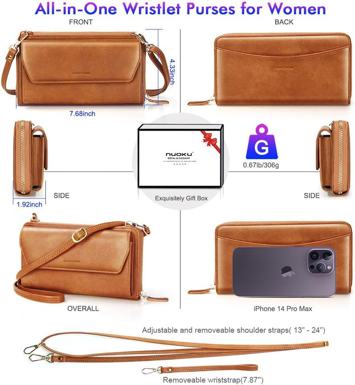 nuoku Geldbörse Damen, Portemonnaie PU Leder RFID Schutz Grosse Kapazität Brown, Brown