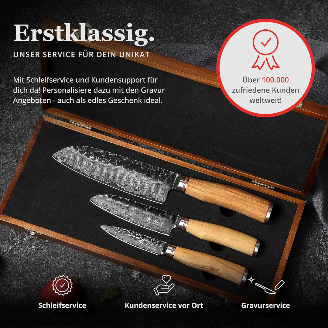 Wakoli Olive HS 3er Damastmesser-Set I 9 bis 17,5 cm Klingen gefertigt aus 67 Lagen echtem Damaststa