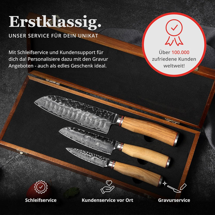 Wakoli Olive HS 3er Damastmesser-Set I 9 bis 17,5 cm Klingen gefertigt aus 67 Lagen echtem Damaststa