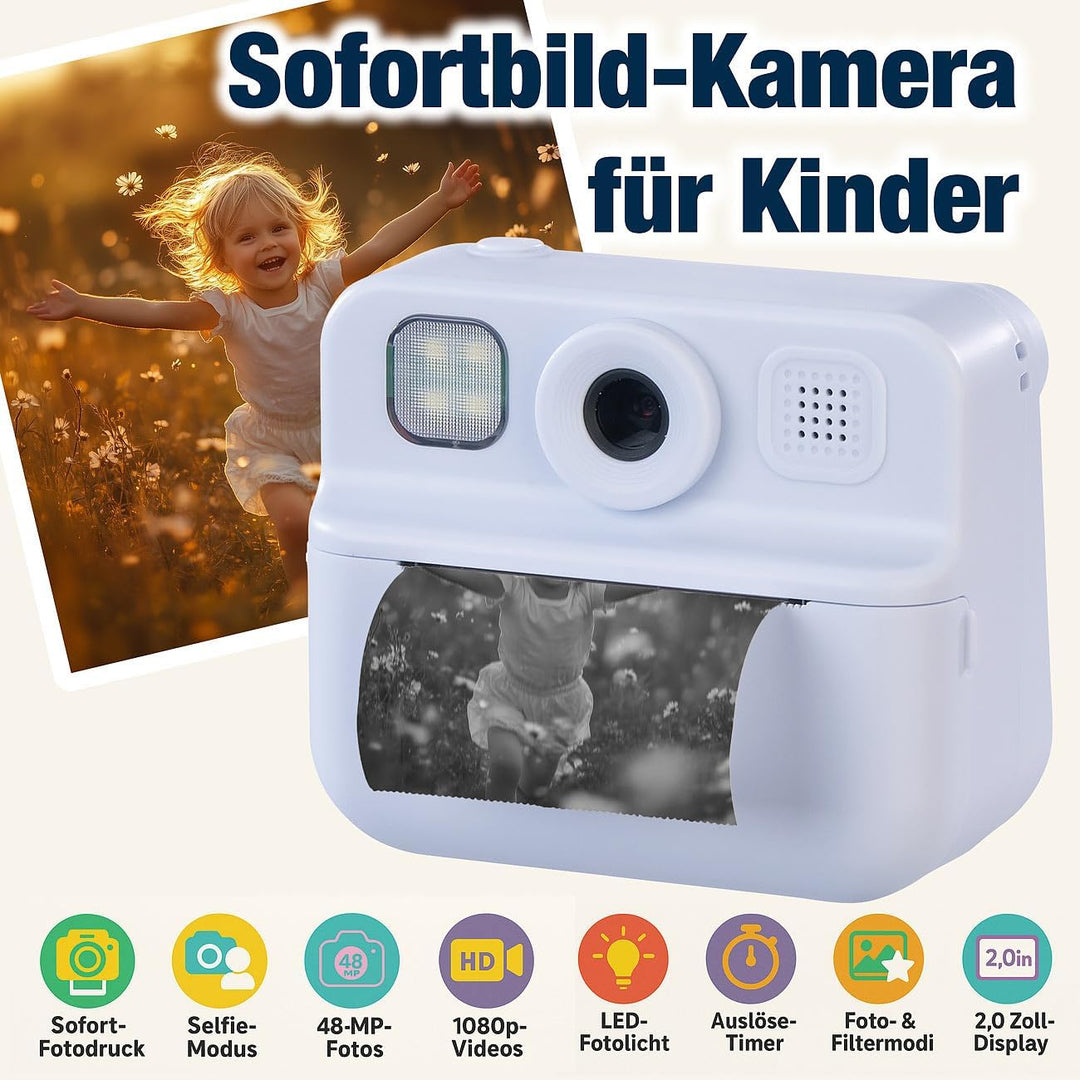 Kinderkamera: Kinder-Sofortbild-Kamera mit Selfie-Objektiv, 2"-Display, 48 MP, blau (Kamera mit Foto