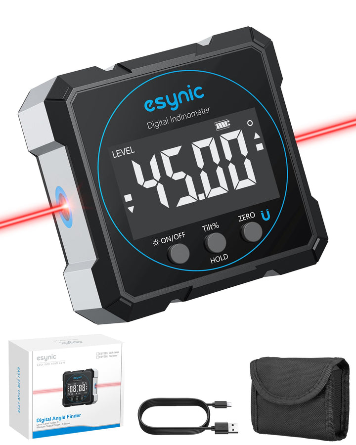 eSynic Digitaler Winkelmesser Neigungsmesser Laser Wasserwaage 4-seitigem Magnetwinkelmesser, 4 * 90
