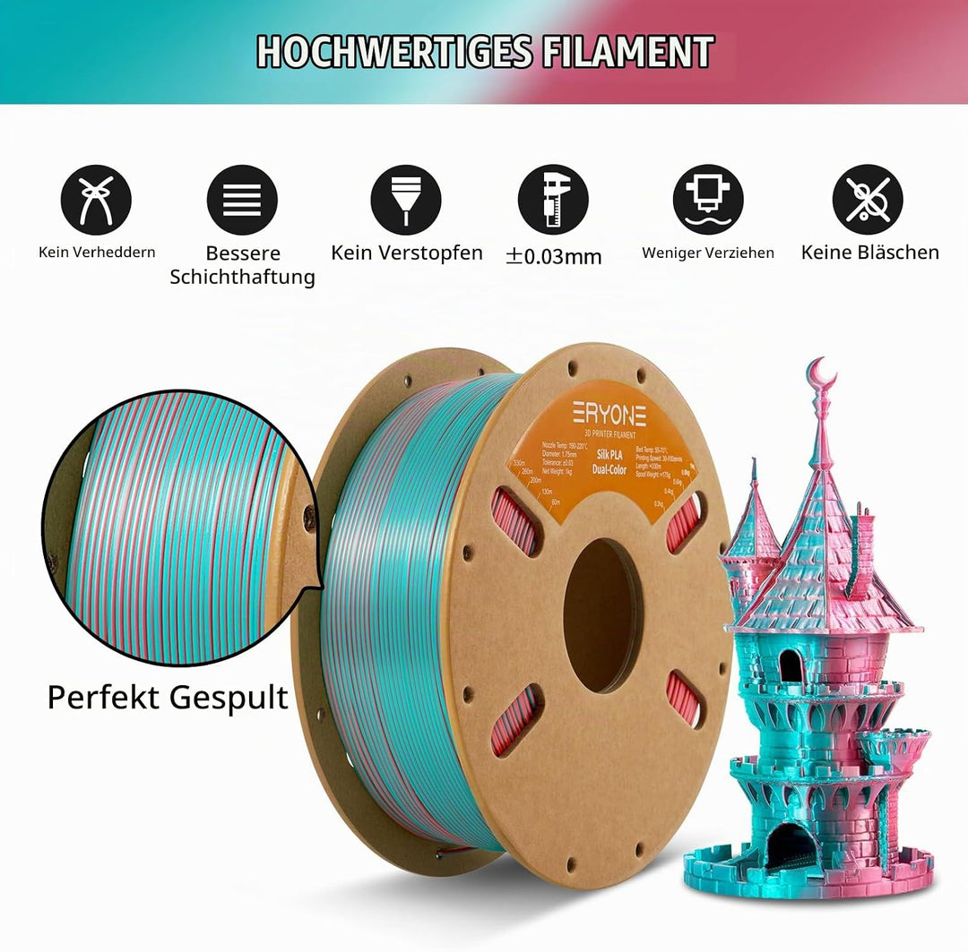 ERYONE Dual Seiden PLA Filament 1.75mm,Co-Extrucsion PLA Seiden Filament für 3D Drucker +/- 0,03 mm,