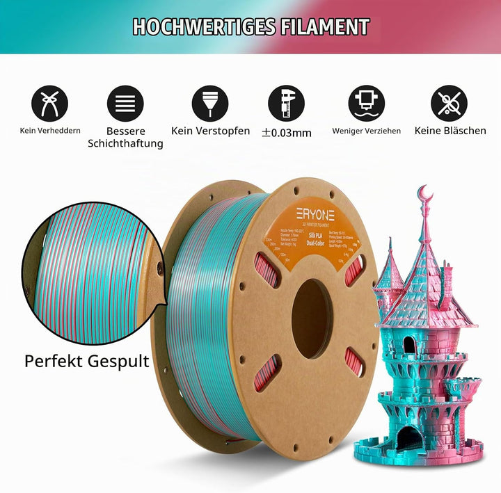 ERYONE Dual Seiden PLA Filament 1.75mm,Co-Extrucsion PLA Seiden Filament für 3D Drucker +/- 0,03 mm,