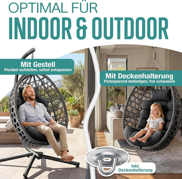 KESSER® Hängesessel mit Gestell Outdoor Indoor Schaukelstuhl Polyrattan 360° 150kg Tragkraft inkl. P
