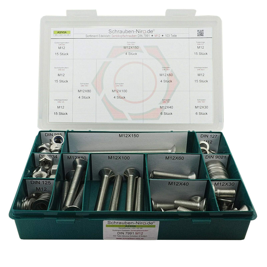 Sortiment M12 DIN 7991 (ISO 10642) Edelstahl A2 (V2A) Senkschrauben (Innensechskant) - Set bestehend