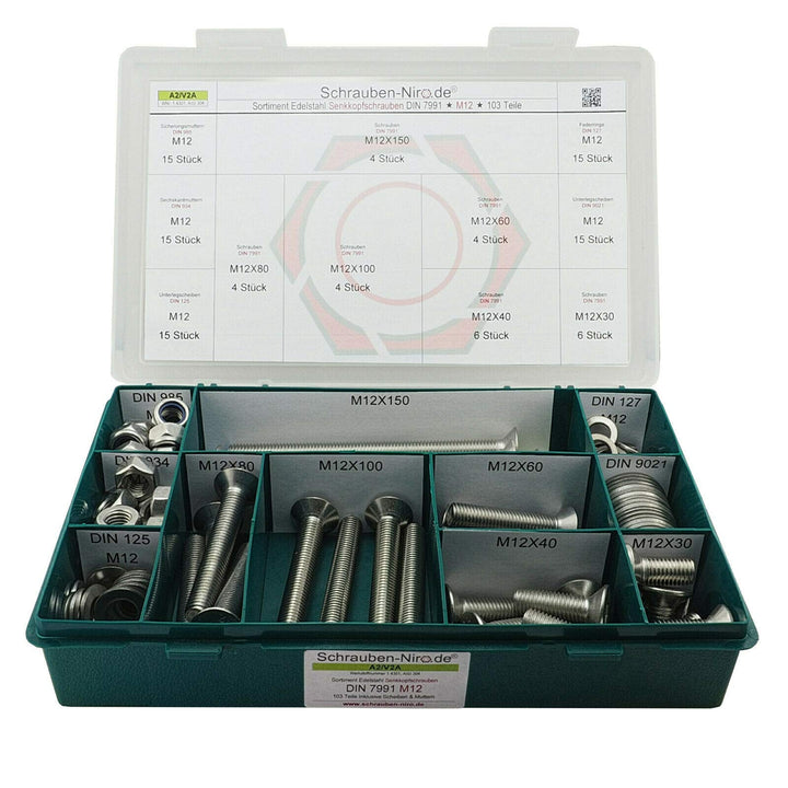 Sortiment M12 DIN 7991 (ISO 10642) Edelstahl A2 (V2A) Senkschrauben (Innensechskant) - Set bestehend