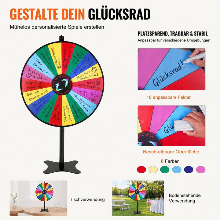 Glücksrad mit 18 Fächern, trocken abwischbarem Stift und 2 Markern, zum Aufstellen auf Tisch oder Bo