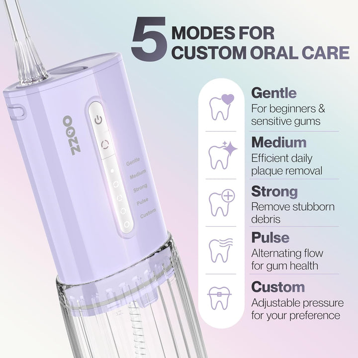 OOZZ Travel Water Flosser, Schnurlose Taschenmunddusche, 5 Druckmodi, 6 Strahlspitzen, USB-wiederauf