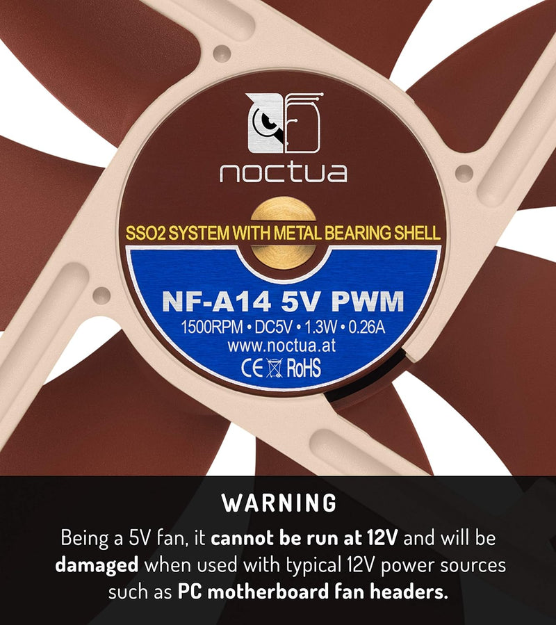 Noctua NF-A14 5V PWM, Leiser Premium-Lüfter mit USB Stromadapterkabel, 4-Pin, 5V Version (140mm, Bra