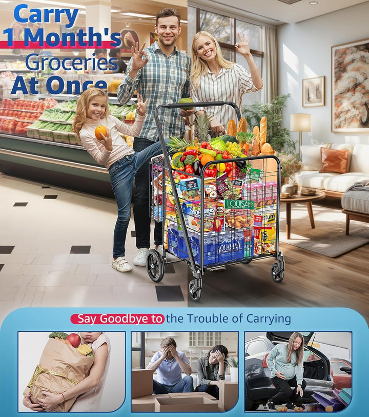 Einkaufstrolley Klappbar Jumbo 150 kg – Schwerlast Einkaufswagen mit 360° Rollen &amp; Doppelkorb, Faltb