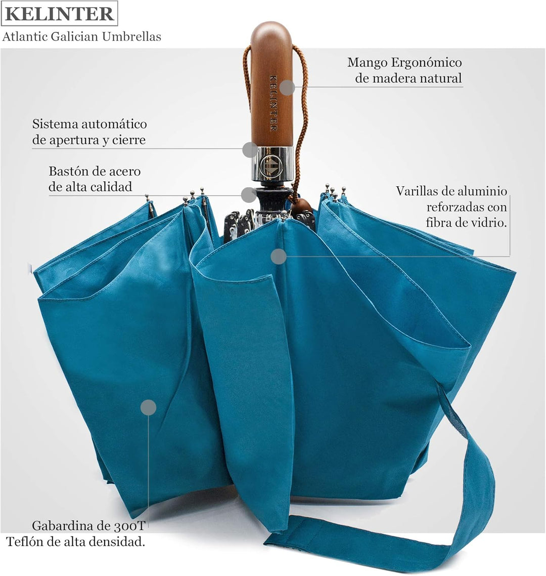 Regenschirm mit Holzgriff, Winddicht, zusammenklappbar, mit automatischem Öffnen und Schliessen, Tef