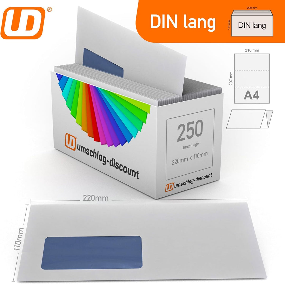 umschlag-discount - 250 Briefumschläge mit Fenster, DIN lang = 220 x 110 mm, mit Laser bedruckbar, G