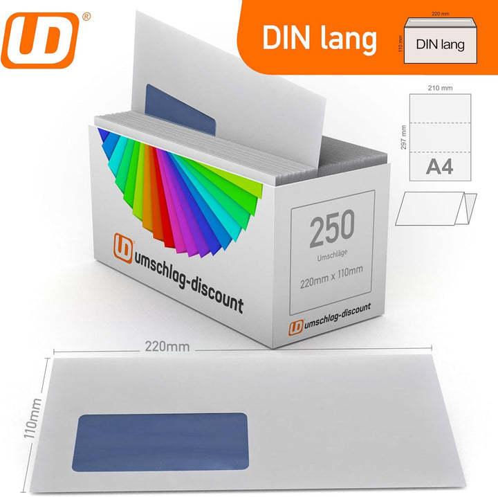 umschlag-discount - 250 Briefumschläge mit Fenster, DIN lang = 220 x 110 mm, mit Laser bedruckbar, G