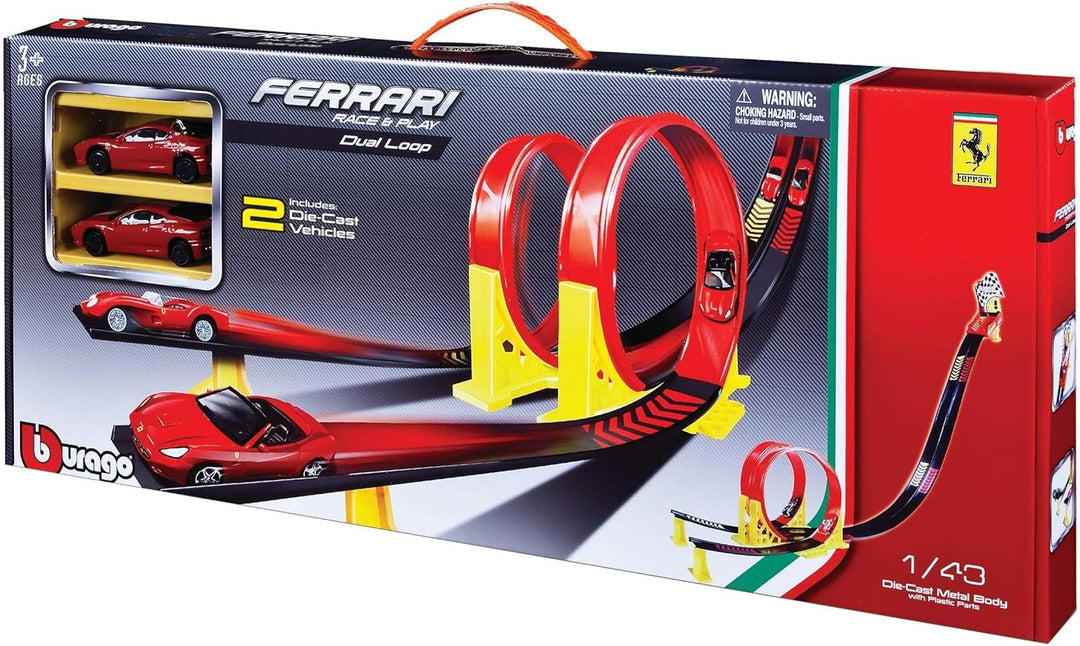 Bburago Ferrari Dual Loop: hochwertiges, lizensiertes Spieleset mit Looping inkl. 2 Spielzeugautos,