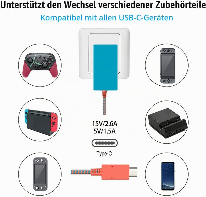 Netzteil für Switch,Ladegerät für Nintendo Switch,Unterstützt TV-Modus/Handheld-Modus,15V/2.6A Schne
