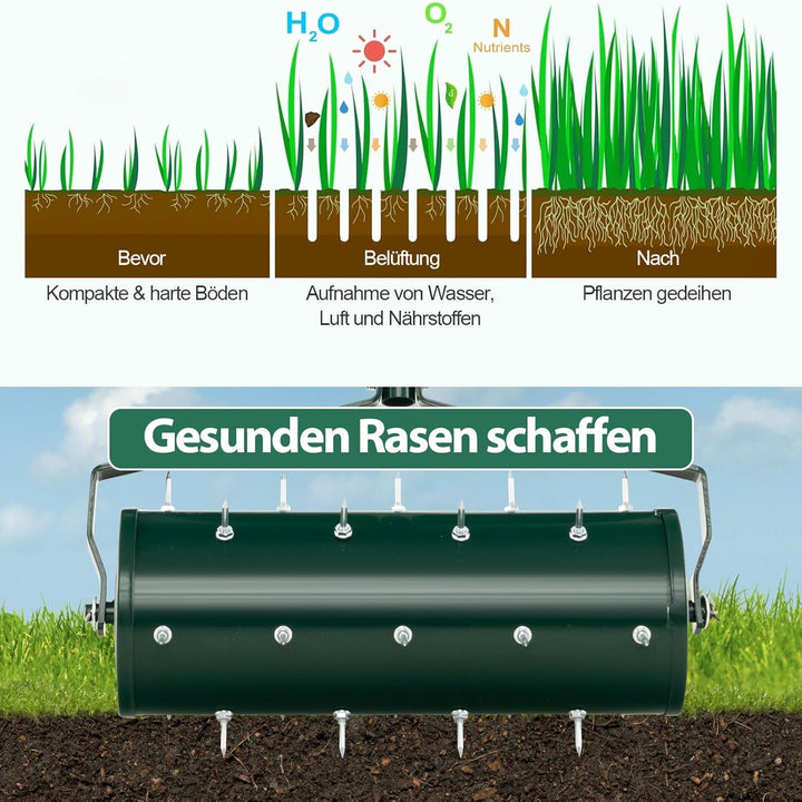 SOARS Rasenlüfter Walze, Rasenbelüfter mit 3,5cm Nägeln & Stiel, Handvertikutierer befüllbar, Garten