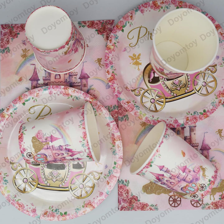 Doyomtoy Prinzessin Partygeschirr,Rosa Schloss Party Geschirr Set Prinzessin Schloss Cartoon-Geschir