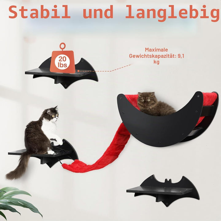 Gothic Katzen Wandregal Set, 7-teilig – Wandmontierter Kletterbaum für Katzen mit Brücke, Leiter, St