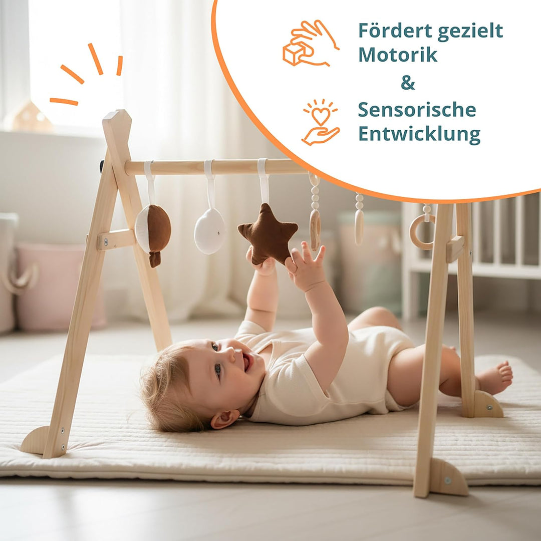 Relaxdays Spielbogen Holz, 6 abnehmbare Anhänger, HBT: 55 x 68 x 59,5 cm, Motorik fördern, Baby Gym,