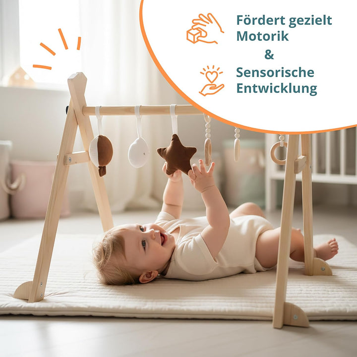 Relaxdays Spielbogen Holz, 6 abnehmbare Anhänger, HBT: 55 x 68 x 59,5 cm, Motorik fördern, Baby Gym,
