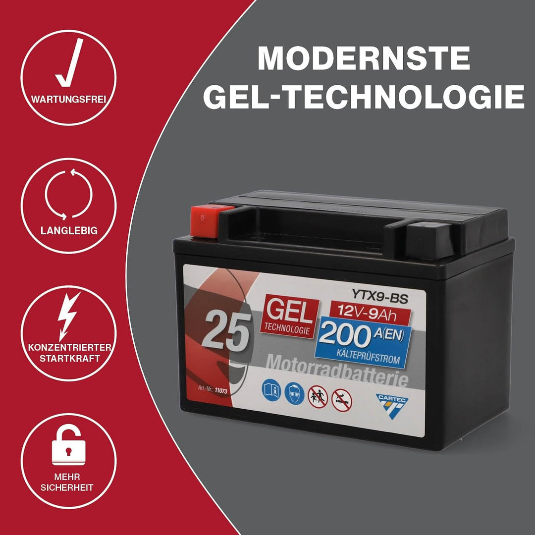 CARTEC Motorradbatterie YTX9-BS, 8Ah, 135A, Gel Technologie Motorrad-Starter-Batterie, Erstausrüster