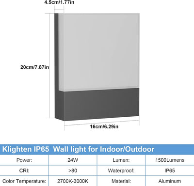 Klighten 2 Stück 24W LED Aussenwandleuchte, Wasserdicht IP65 Wandleuchten Aussen/Innen, Aluminium Mo