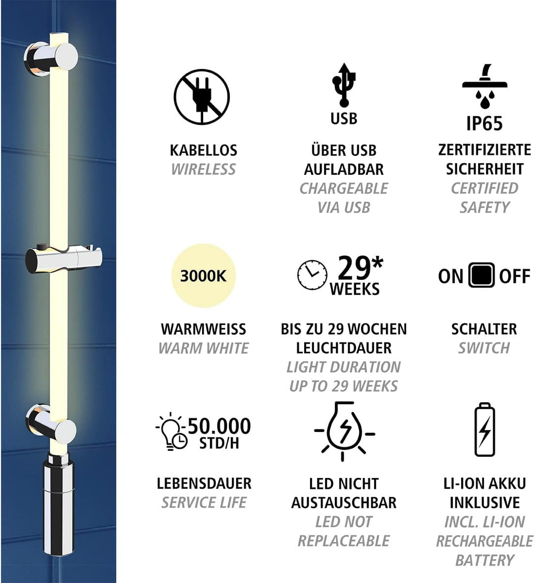 WENKO LED Design-Duschstange mit integrierter, einheitlicher & vollflächiger Beleuchtung, energiespa