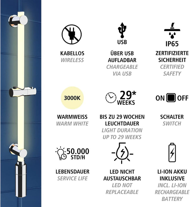 WENKO LED Design-Duschstange mit integrierter, einheitlicher & vollflächiger Beleuchtung, energiespa