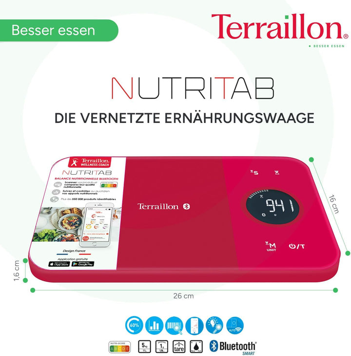 Terraillon Küchenwaage, Mit Smartphone/Tablet verbindbar, Berechnung der Energieaufnahme, Mit Tara-F