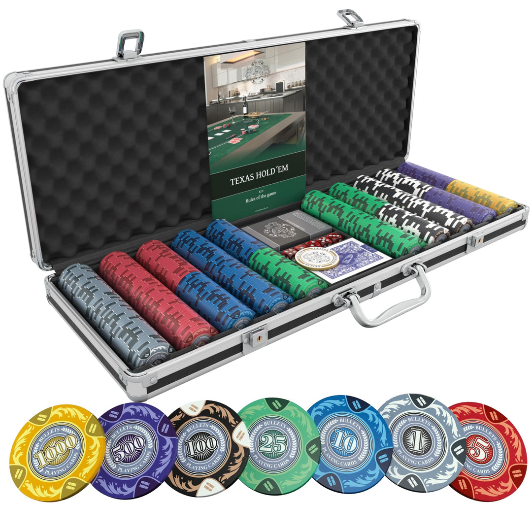 Bullets Playing Cards | Pokerkoffer „Tony“ mit 500 Clay Pokerchips 14g | Pokerset mit Karten, Würfel